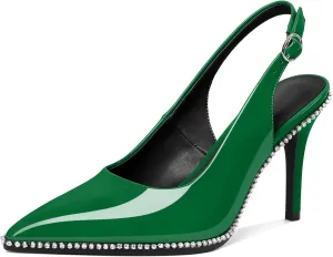 Slingback Heels Women Stilettos High Heel Rhinestones Beaded Pumps Closed Pointd Toe Shoes Slip On Event Party 3.5 Inch Dressy Sandals