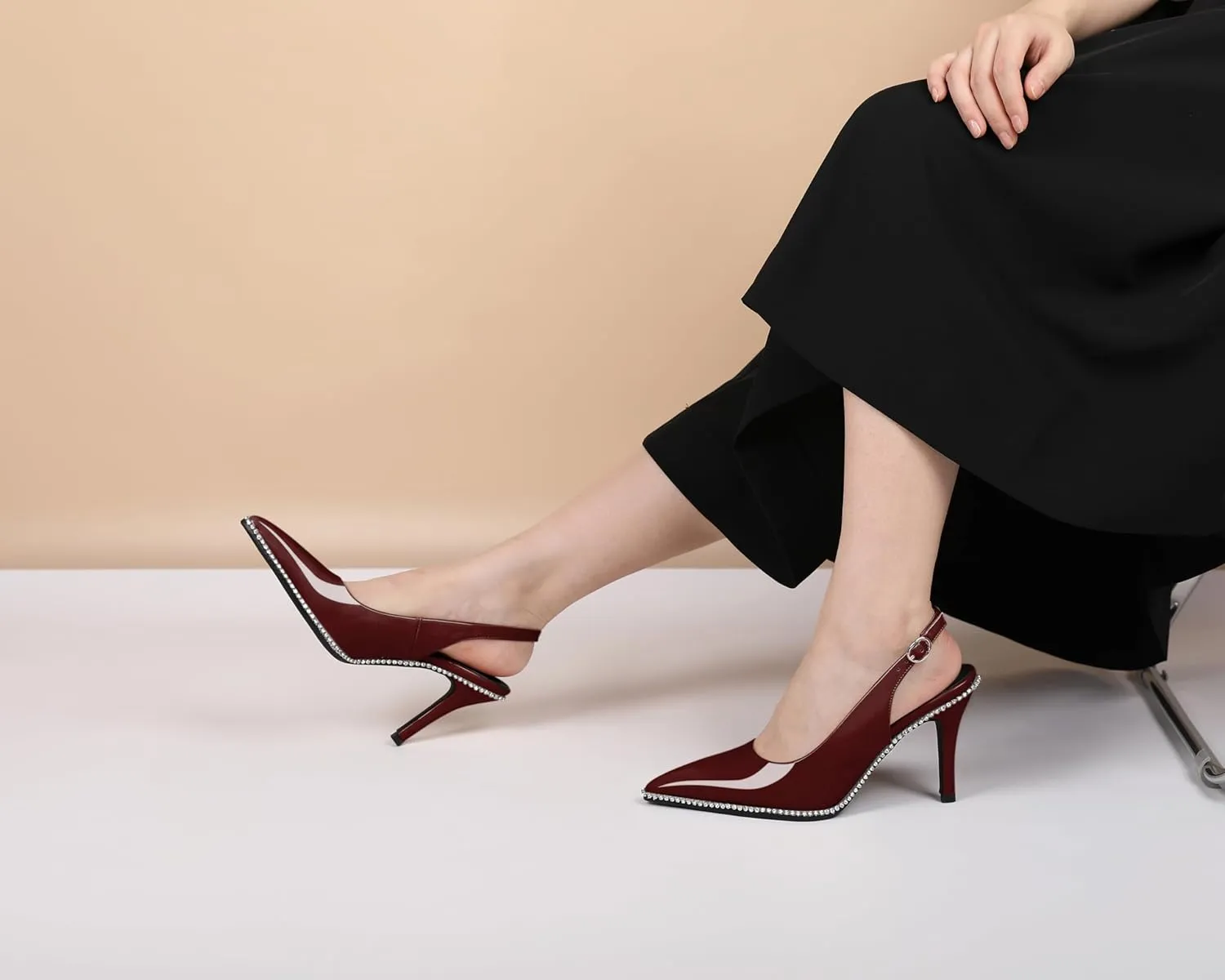 Slingback Heels Women Stilettos High Heel Rhinestones Beaded Pumps Closed Pointd Toe Shoes Slip On Event Party 3.5 Inch Dressy Sandals