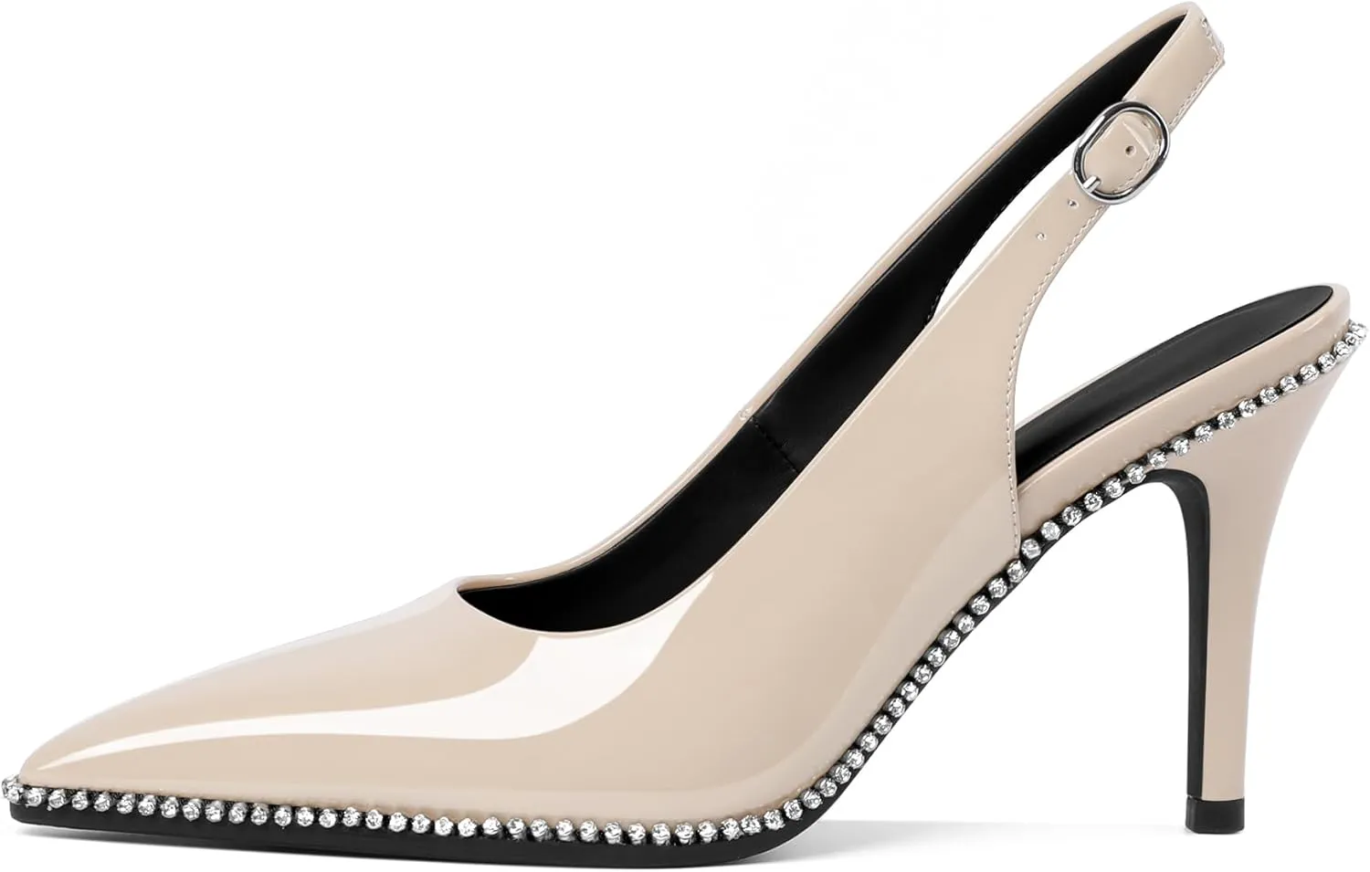 Slingback Heels Women Stilettos High Heel Rhinestones Beaded Pumps Closed Pointd Toe Shoes Slip On Event Party 3.5 Inch Dressy Sandals