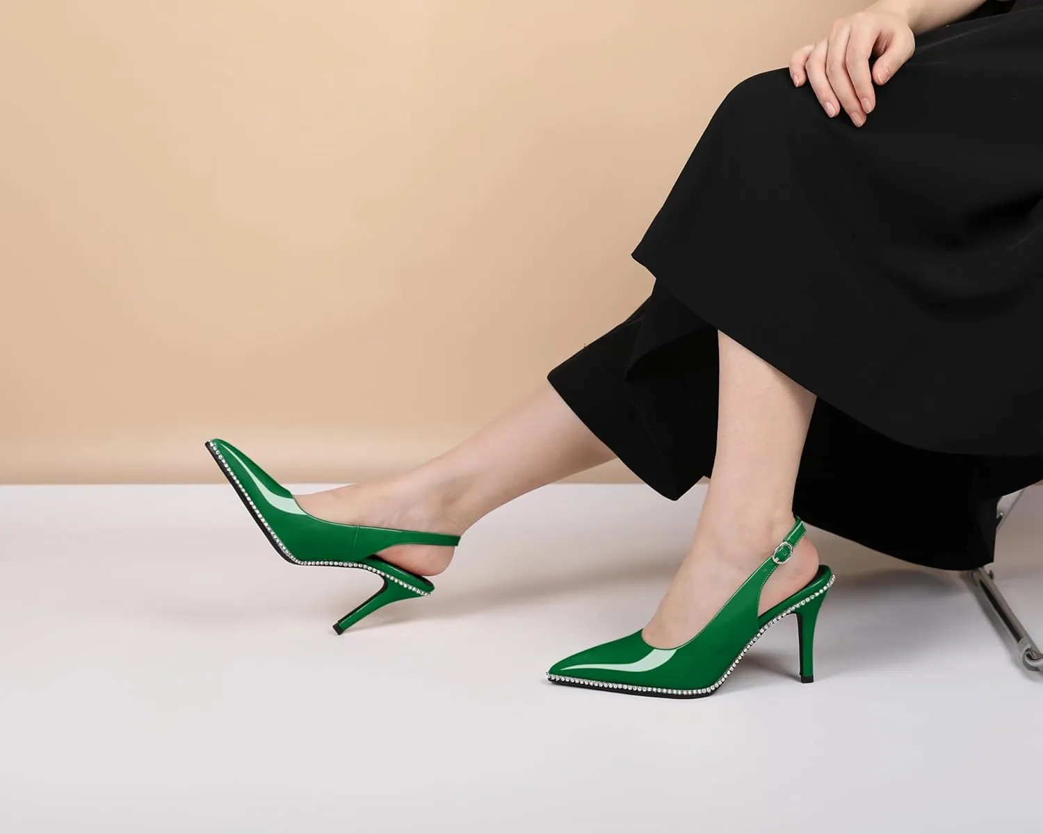 Slingback Heels Women Stilettos High Heel Rhinestones Beaded Pumps Closed Pointd Toe Shoes Slip On Event Party 3.5 Inch Dressy Sandals