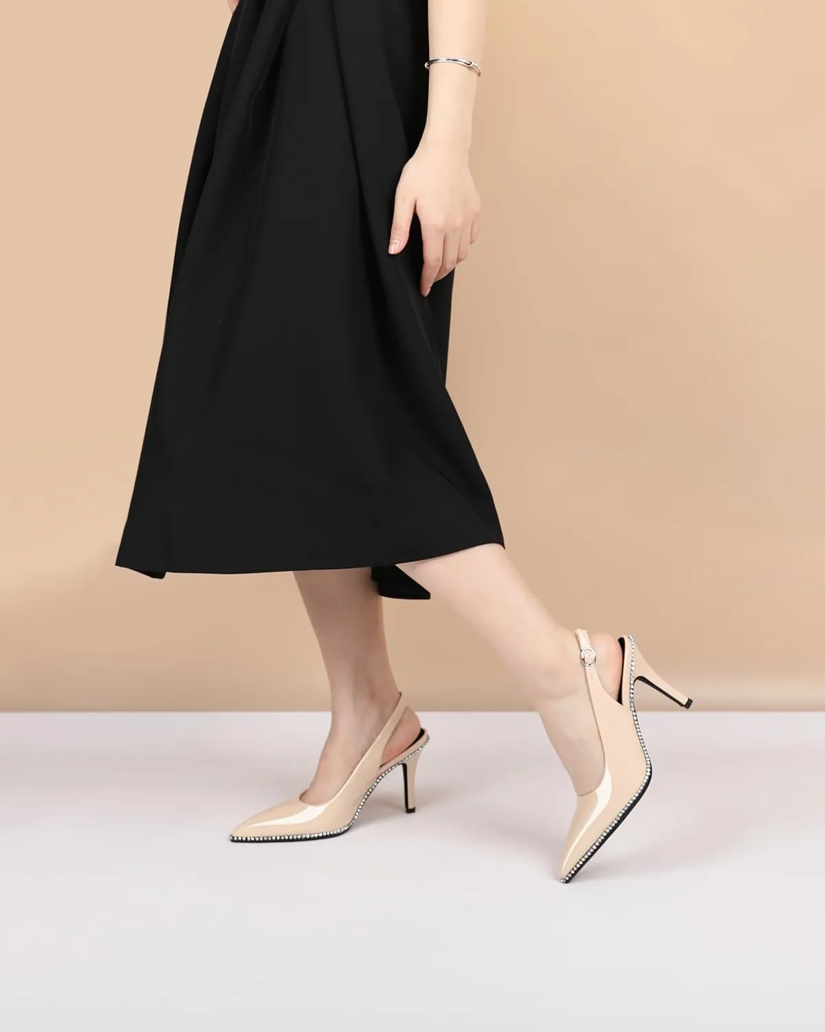 Slingback Heels Women Stilettos High Heel Rhinestones Beaded Pumps Closed Pointd Toe Shoes Slip On Event Party 3.5 Inch Dressy Sandals