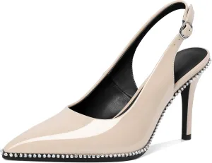 Slingback Heels Women Stilettos High Heel Rhinestones Beaded Pumps Closed Pointd Toe Shoes Slip On Event Party 3.5 Inch Dressy Sandals