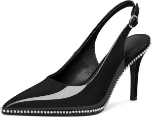 Slingback Heels Women Stilettos High Heel Rhinestones Beaded Pumps Closed Pointd Toe Shoes Slip On Event Party 3.5 Inch Dressy Sandals
