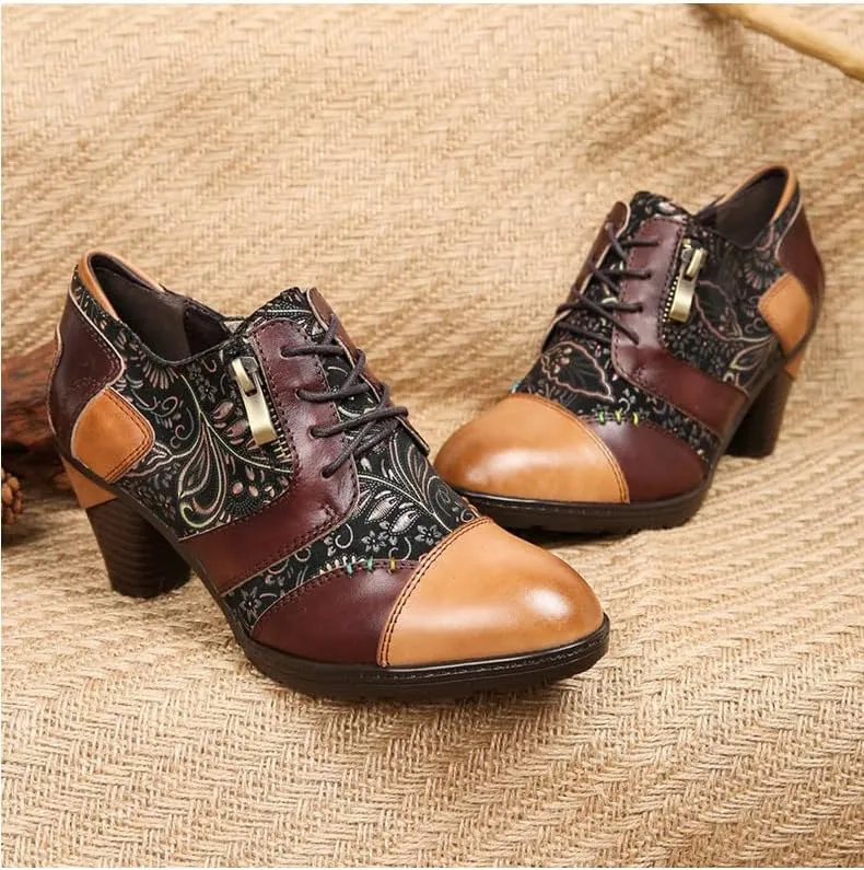 SOCOFY Ankle Boots for Women Leather Block Heel Bohemian Leather Mary Jane Shoes Summer
