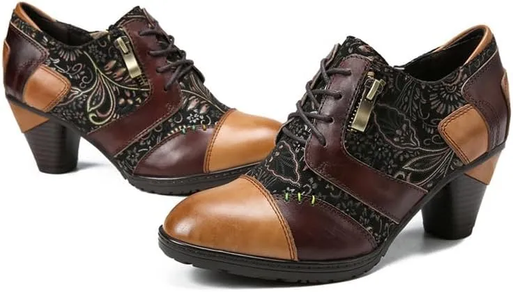 SOCOFY Ankle Boots for Women Leather Block Heel Bohemian Leather Mary Jane Shoes Summer