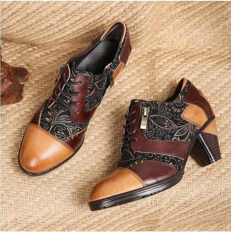 SOCOFY Ankle Boots for Women Leather Block Heel Bohemian Leather Mary Jane Shoes Summer