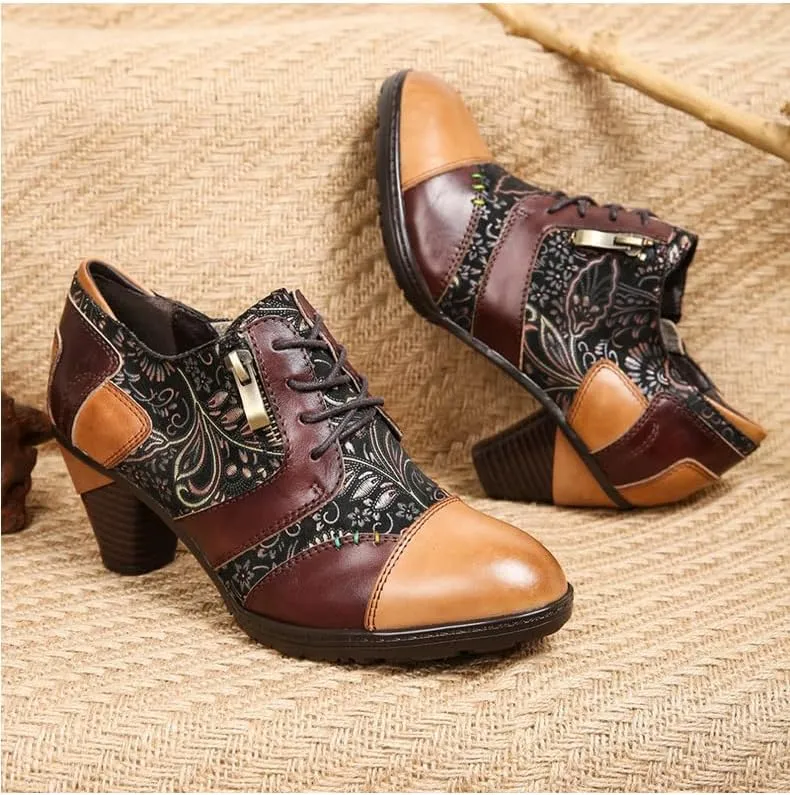 SOCOFY Ankle Boots for Women Leather Block Heel Bohemian Leather Mary Jane Shoes Summer