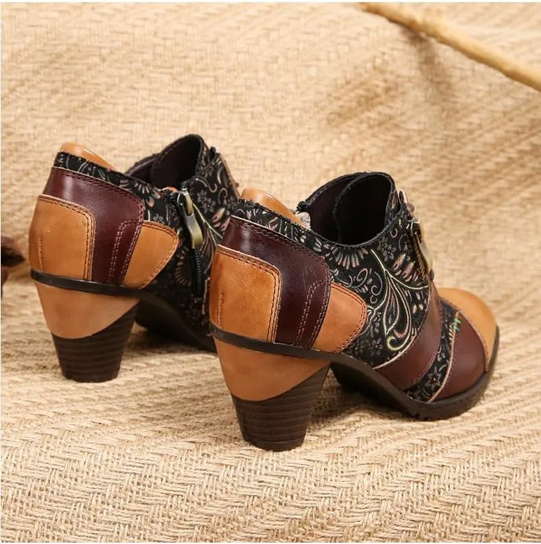 SOCOFY Ankle Boots for Women Leather Block Heel Bohemian Leather Mary Jane Shoes Summer