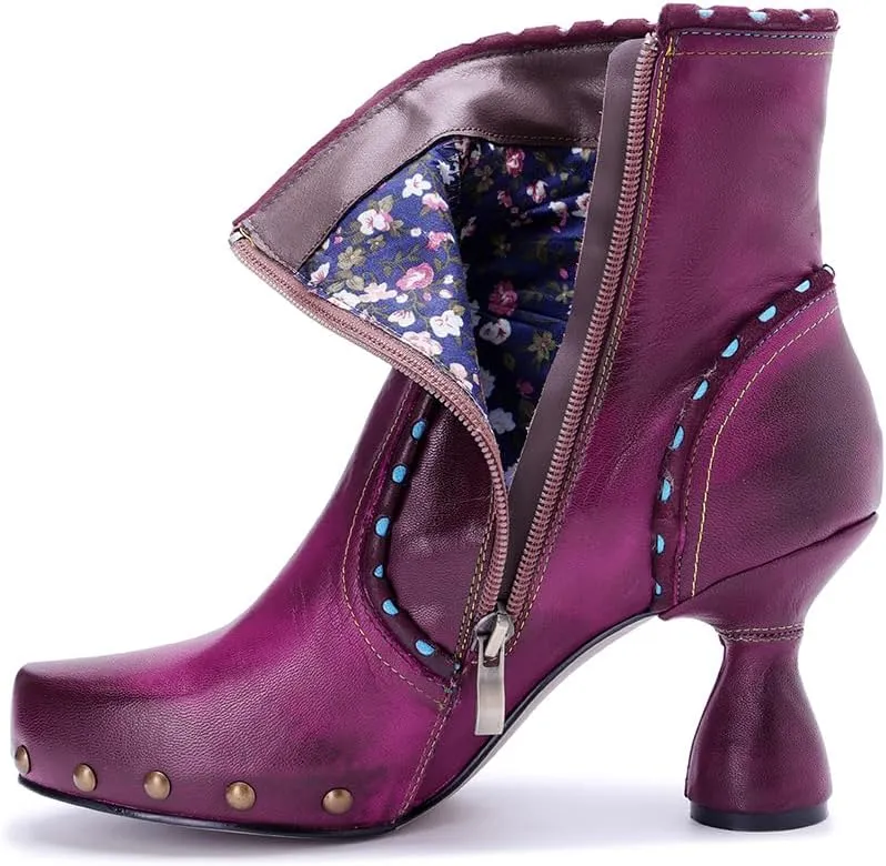 SOCOFY Womens Ankle Boots Kitten Heel Handmade Splicing Leather Floral Boots Winter Boots for Women Fashion Comfort Side Zipper Boots Outdoor Anti-Slip Pointed Toe Dress Shoes for Wedding Party