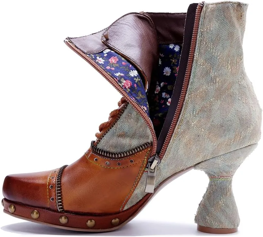 SOCOFY Womens Ankle Boots Kitten Heel Handmade Splicing Leather Floral Boots Winter Boots for Women Fashion Comfort Side Zipper Boots Outdoor Anti-Slip Pointed Toe Dress Shoes for Wedding Party