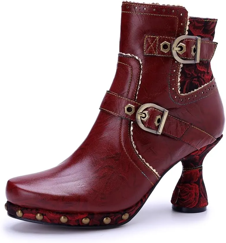 SOCOFY Womens Ankle Boots Kitten Heel Handmade Splicing Leather Floral Boots Winter Boots for Women Fashion Comfort Side Zipper Boots Outdoor Anti-Slip Pointed Toe Dress Shoes for Wedding Party