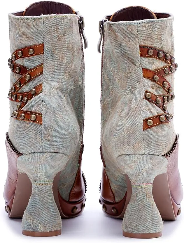 SOCOFY Womens Ankle Boots Kitten Heel Handmade Splicing Leather Floral Boots Winter Boots for Women Fashion Comfort Side Zipper Boots Outdoor Anti-Slip Pointed Toe Dress Shoes for Wedding Party