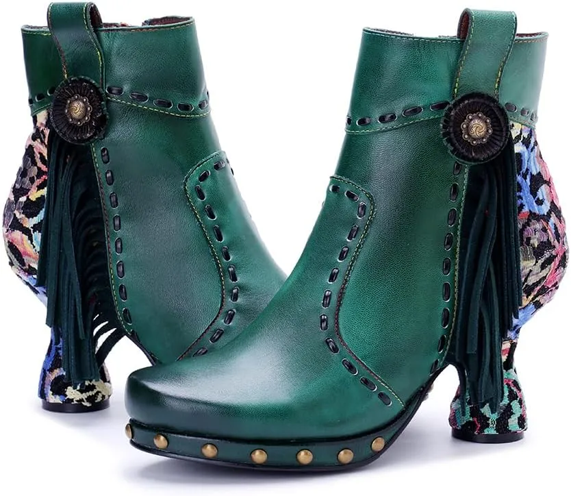 SOCOFY Womens Ankle Boots Kitten Heel Handmade Splicing Leather Floral Boots Winter Boots for Women Fashion Comfort Side Zipper Boots Outdoor Anti-Slip Pointed Toe Dress Shoes for Wedding Party