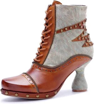 SOCOFY Womens Ankle Boots Kitten Heel Handmade Splicing Leather Floral Boots Winter Boots for Women Fashion Comfort Side Zipper Boots Outdoor Anti-Slip Pointed Toe Dress Shoes for Wedding Party