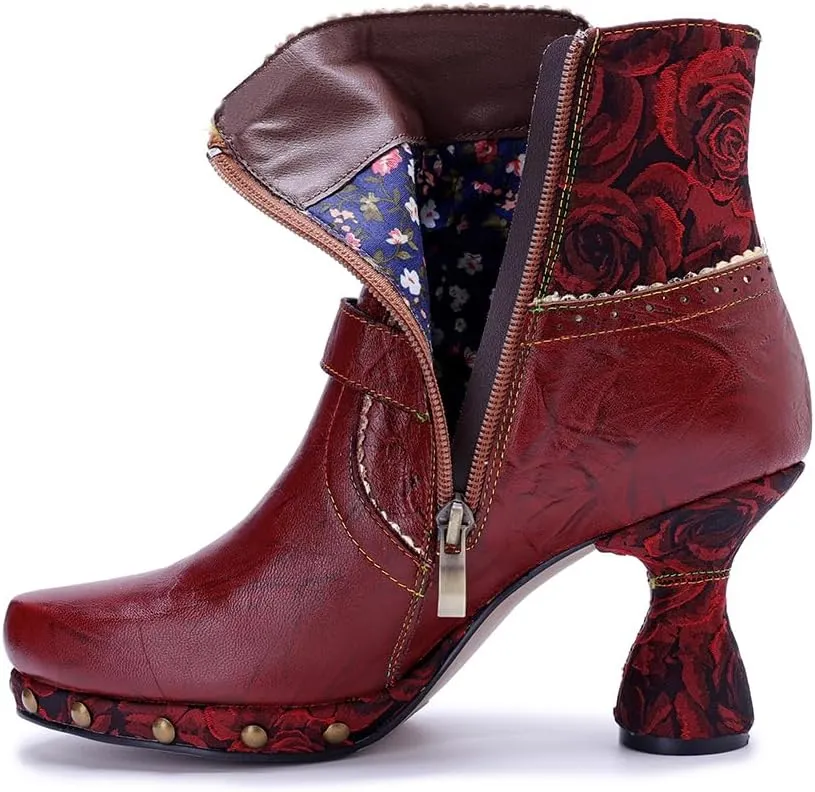 SOCOFY Womens Ankle Boots Kitten Heel Handmade Splicing Leather Floral Boots Winter Boots for Women Fashion Comfort Side Zipper Boots Outdoor Anti-Slip Pointed Toe Dress Shoes for Wedding Party