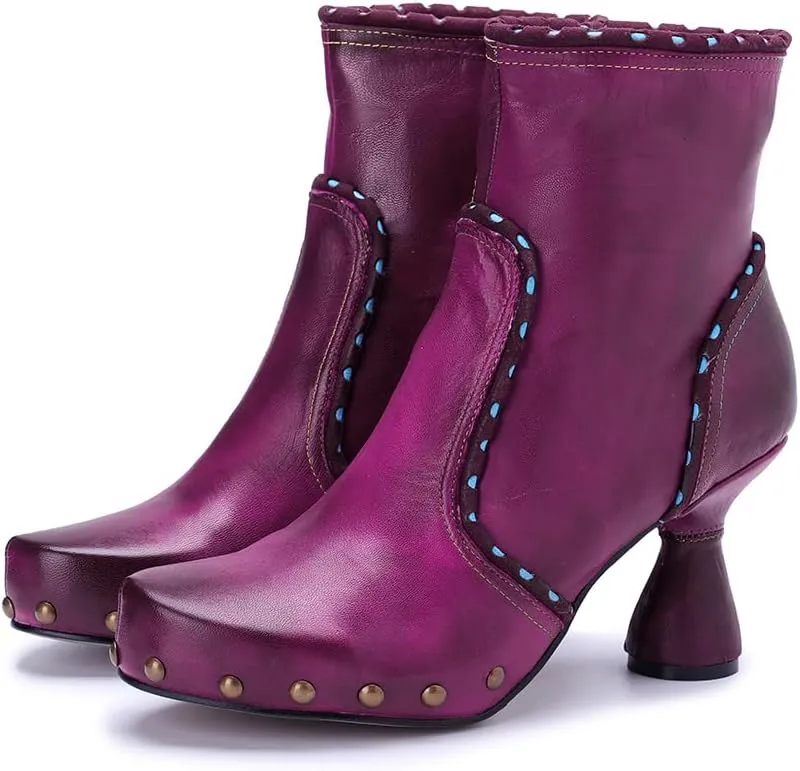 SOCOFY Womens Ankle Boots Kitten Heel Handmade Splicing Leather Floral Boots Winter Boots for Women Fashion Comfort Side Zipper Boots Outdoor Anti-Slip Pointed Toe Dress Shoes for Wedding Party