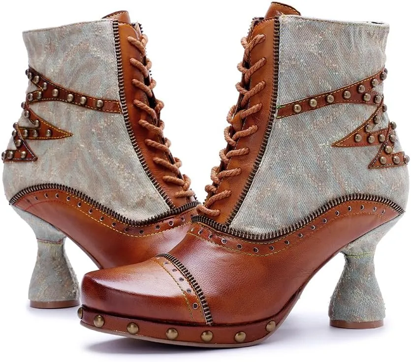 SOCOFY Womens Ankle Boots Kitten Heel Handmade Splicing Leather Floral Boots Winter Boots for Women Fashion Comfort Side Zipper Boots Outdoor Anti-Slip Pointed Toe Dress Shoes for Wedding Party