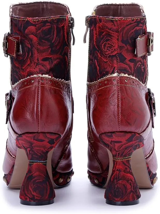 SOCOFY Womens Ankle Boots Kitten Heel Handmade Splicing Leather Floral Boots Winter Boots for Women Fashion Comfort Side Zipper Boots Outdoor Anti-Slip Pointed Toe Dress Shoes for Wedding Party
