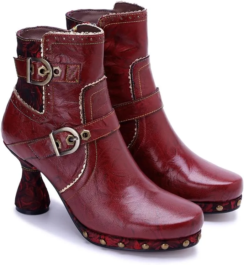 SOCOFY Womens Ankle Boots Kitten Heel Handmade Splicing Leather Floral Boots Winter Boots for Women Fashion Comfort Side Zipper Boots Outdoor Anti-Slip Pointed Toe Dress Shoes for Wedding Party
