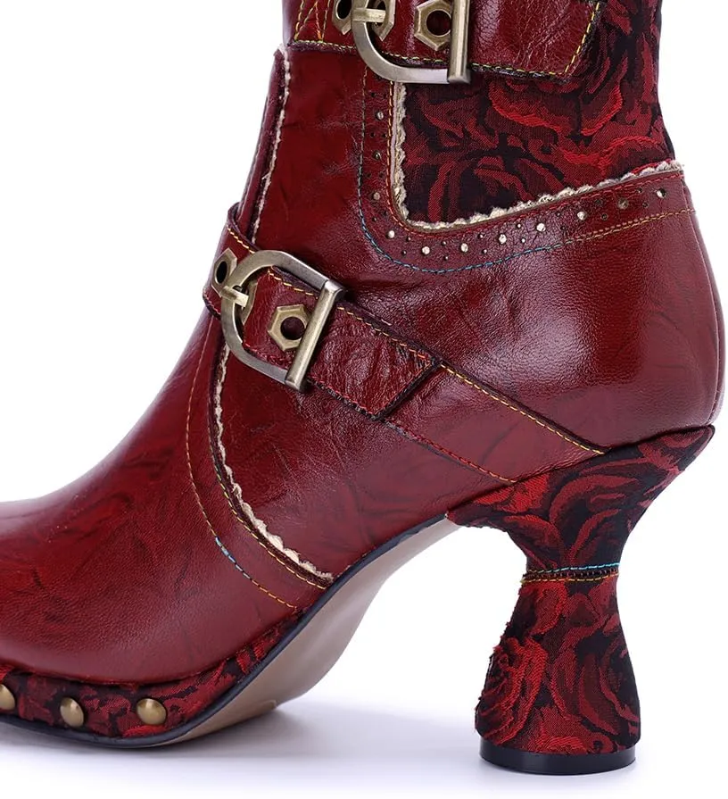 SOCOFY Womens Ankle Boots Kitten Heel Handmade Splicing Leather Floral Boots Winter Boots for Women Fashion Comfort Side Zipper Boots Outdoor Anti-Slip Pointed Toe Dress Shoes for Wedding Party