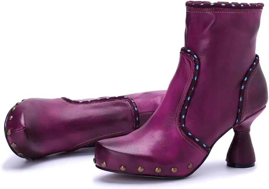 SOCOFY Womens Ankle Boots Kitten Heel Handmade Splicing Leather Floral Boots Winter Boots for Women Fashion Comfort Side Zipper Boots Outdoor Anti-Slip Pointed Toe Dress Shoes for Wedding Party