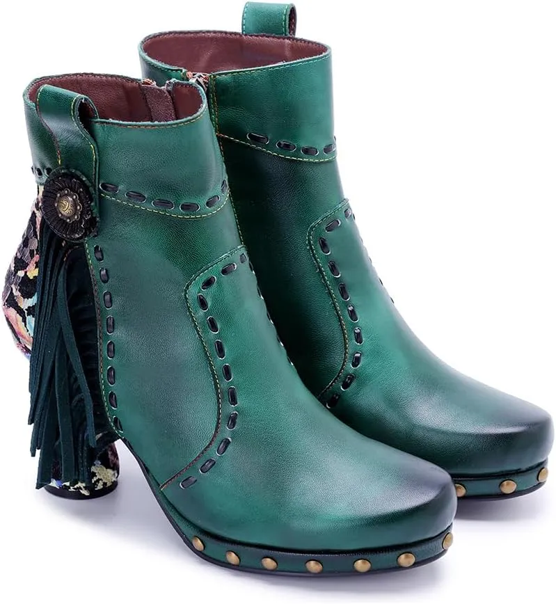 SOCOFY Womens Ankle Boots Kitten Heel Handmade Splicing Leather Floral Boots Winter Boots for Women Fashion Comfort Side Zipper Boots Outdoor Anti-Slip Pointed Toe Dress Shoes for Wedding Party