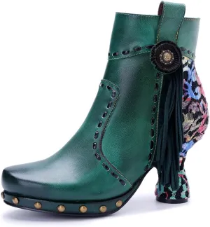 SOCOFY Womens Ankle Boots Kitten Heel Handmade Splicing Leather Floral Boots Winter Boots for Women Fashion Comfort Side Zipper Boots Outdoor Anti-Slip Pointed Toe Dress Shoes for Wedding Party