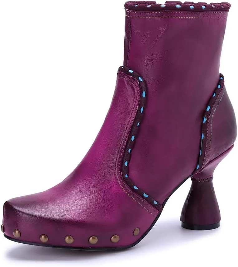 SOCOFY Womens Ankle Boots Kitten Heel Handmade Splicing Leather Floral Boots Winter Boots for Women Fashion Comfort Side Zipper Boots Outdoor Anti-Slip Pointed Toe Dress Shoes for Wedding Party