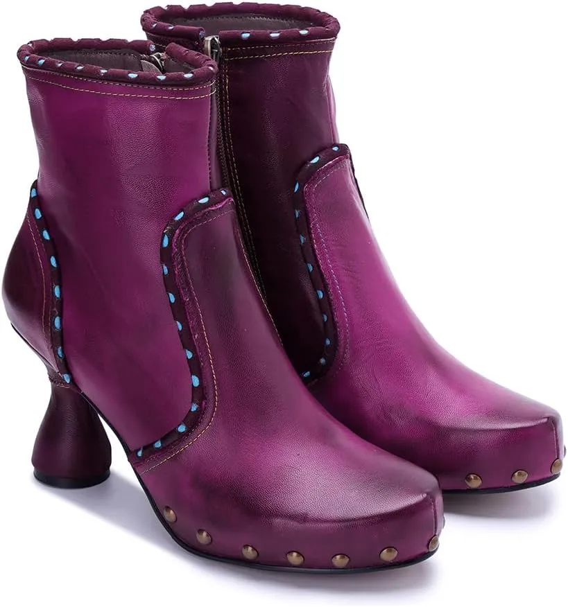 SOCOFY Womens Ankle Boots Kitten Heel Handmade Splicing Leather Floral Boots Winter Boots for Women Fashion Comfort Side Zipper Boots Outdoor Anti-Slip Pointed Toe Dress Shoes for Wedding Party