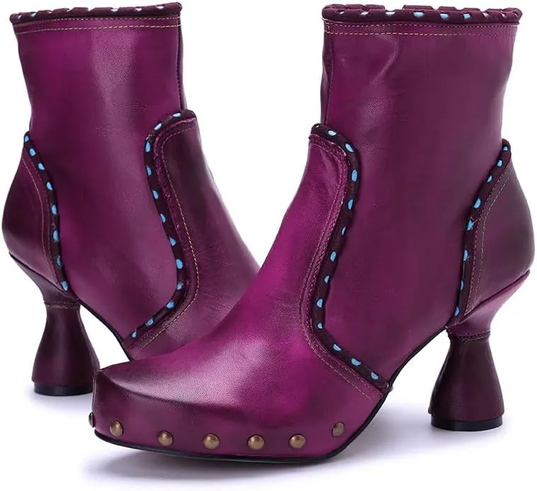 SOCOFY Womens Ankle Boots Kitten Heel Handmade Splicing Leather Floral Boots Winter Boots for Women Fashion Comfort Side Zipper Boots Outdoor Anti-Slip Pointed Toe Dress Shoes for Wedding Party