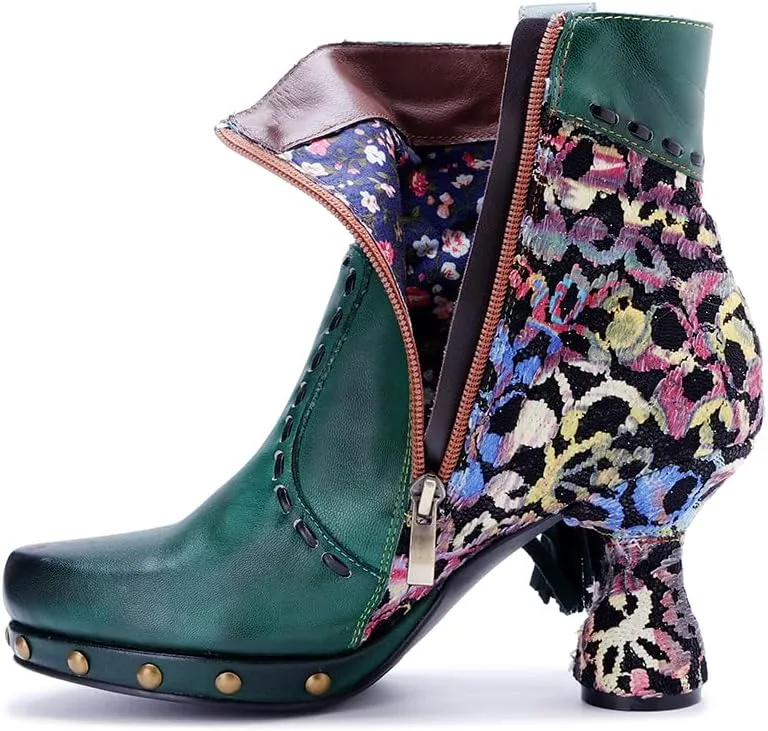 SOCOFY Womens Ankle Boots Kitten Heel Handmade Splicing Leather Floral Boots Winter Boots for Women Fashion Comfort Side Zipper Boots Outdoor Anti-Slip Pointed Toe Dress Shoes for Wedding Party