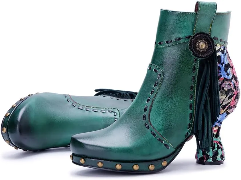 SOCOFY Womens Ankle Boots Kitten Heel Handmade Splicing Leather Floral Boots Winter Boots for Women Fashion Comfort Side Zipper Boots Outdoor Anti-Slip Pointed Toe Dress Shoes for Wedding Party