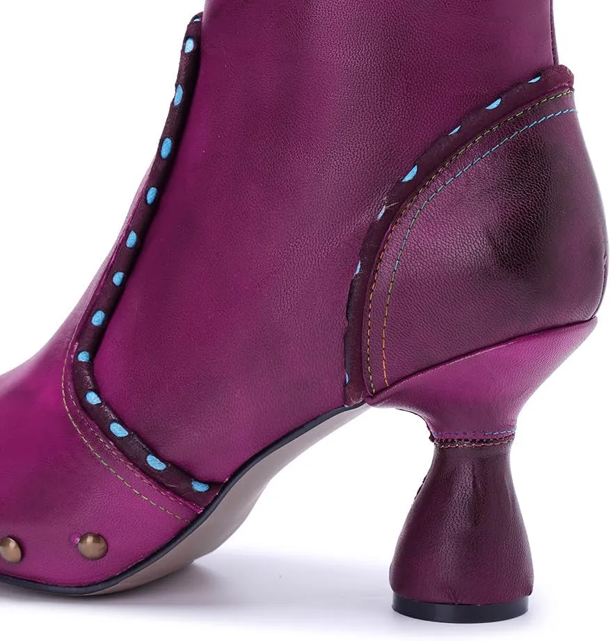 SOCOFY Womens Ankle Boots Kitten Heel Handmade Splicing Leather Floral Boots Winter Boots for Women Fashion Comfort Side Zipper Boots Outdoor Anti-Slip Pointed Toe Dress Shoes for Wedding Party