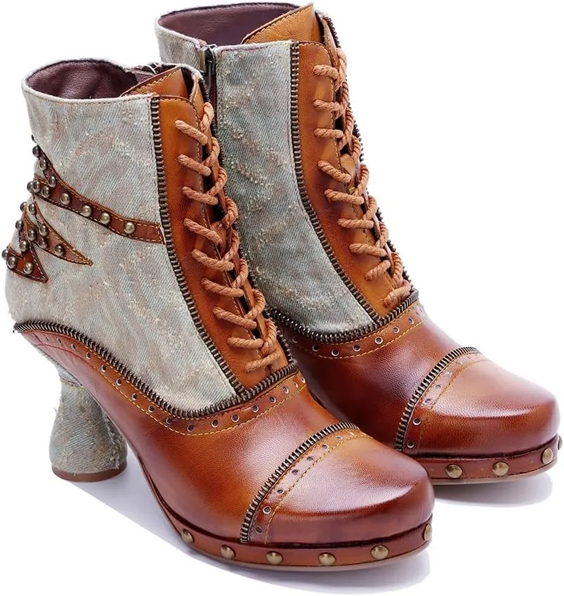 SOCOFY Womens Ankle Boots Kitten Heel Handmade Splicing Leather Floral Boots Winter Boots for Women Fashion Comfort Side Zipper Boots Outdoor Anti-Slip Pointed Toe Dress Shoes for Wedding Party