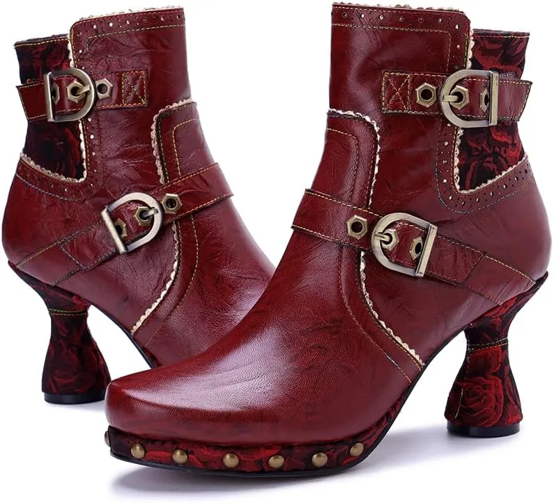 SOCOFY Womens Ankle Boots Kitten Heel Handmade Splicing Leather Floral Boots Winter Boots for Women Fashion Comfort Side Zipper Boots Outdoor Anti-Slip Pointed Toe Dress Shoes for Wedding Party