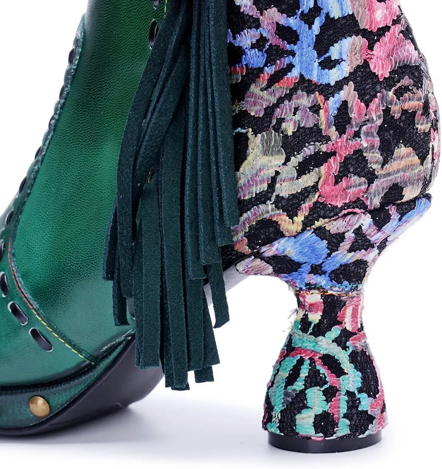 SOCOFY Womens Ankle Boots Kitten Heel Handmade Splicing Leather Floral Boots Winter Boots for Women Fashion Comfort Side Zipper Boots Outdoor Anti-Slip Pointed Toe Dress Shoes for Wedding Party