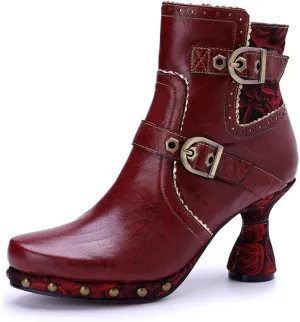 SOCOFY Womens Ankle Boots Kitten Heel Handmade Splicing Leather Floral Boots Winter Boots for Women Fashion Comfort Side Zipper Boots Outdoor Anti-Slip Pointed Toe Dress Shoes for Wedding Party