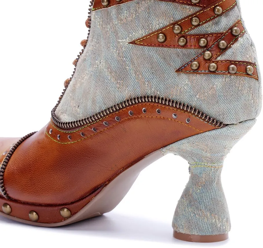 SOCOFY Womens Ankle Boots Kitten Heel Handmade Splicing Leather Floral Boots Winter Boots for Women Fashion Comfort Side Zipper Boots Outdoor Anti-Slip Pointed Toe Dress Shoes for Wedding Party