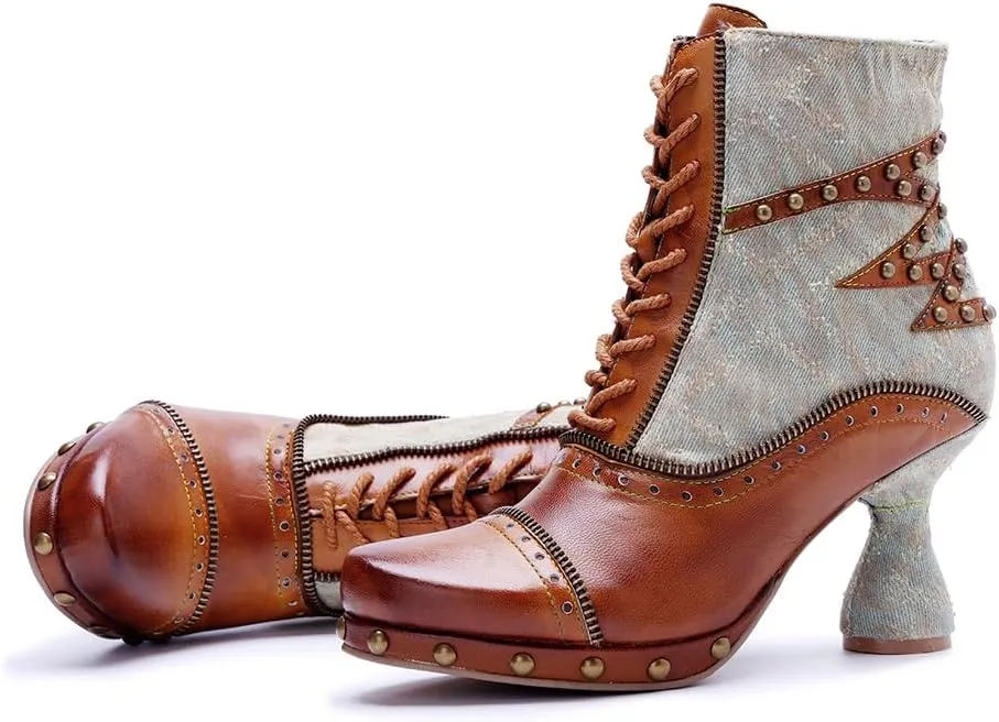 SOCOFY Womens Ankle Boots Kitten Heel Handmade Splicing Leather Floral Boots Winter Boots for Women Fashion Comfort Side Zipper Boots Outdoor Anti-Slip Pointed Toe Dress Shoes for Wedding Party