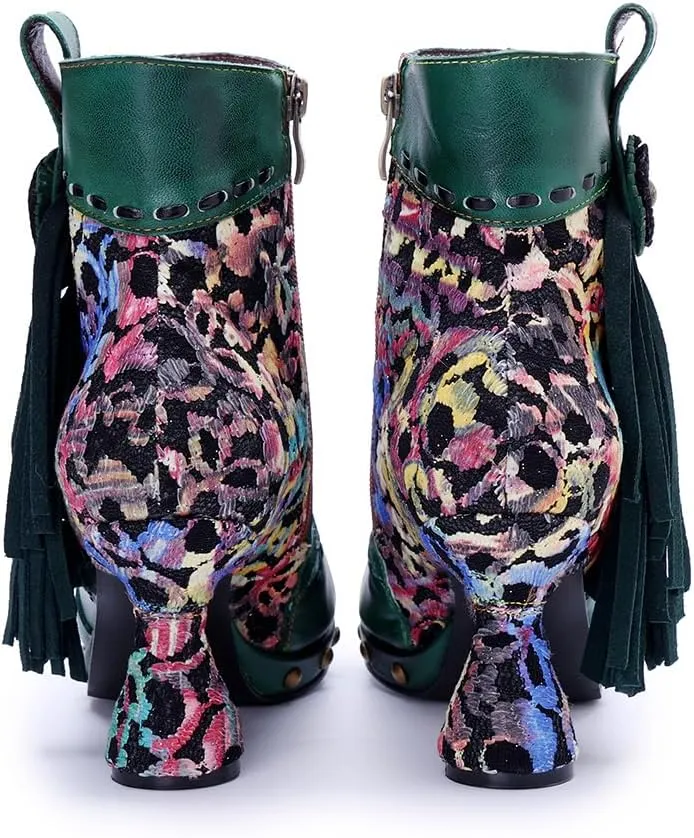 SOCOFY Womens Ankle Boots Kitten Heel Handmade Splicing Leather Floral Boots Winter Boots for Women Fashion Comfort Side Zipper Boots Outdoor Anti-Slip Pointed Toe Dress Shoes for Wedding Party
