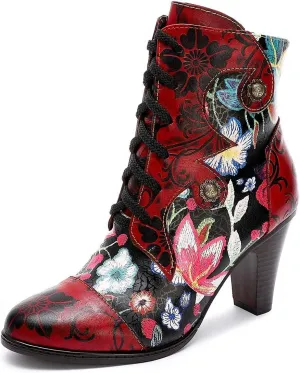 SOCOFY Womens Ankle Boots Leather High Heel Comfort Splicing Floral Pattern Lace Up Boots Leather Winter Fur Lined Boots Anti-Slip Side Zipper Walking Boots for Wedding Party Dress, Red, 9