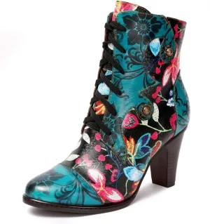 SOCOFY Womens Ankle Boots Leather High Heel Comfort Splicing Floral Pattern Lace Up Boots Leather Winter Fur Lined Boots Outdoor Anti-Slip Side Zipper Walking Boots for Wedding Party Dress Blue