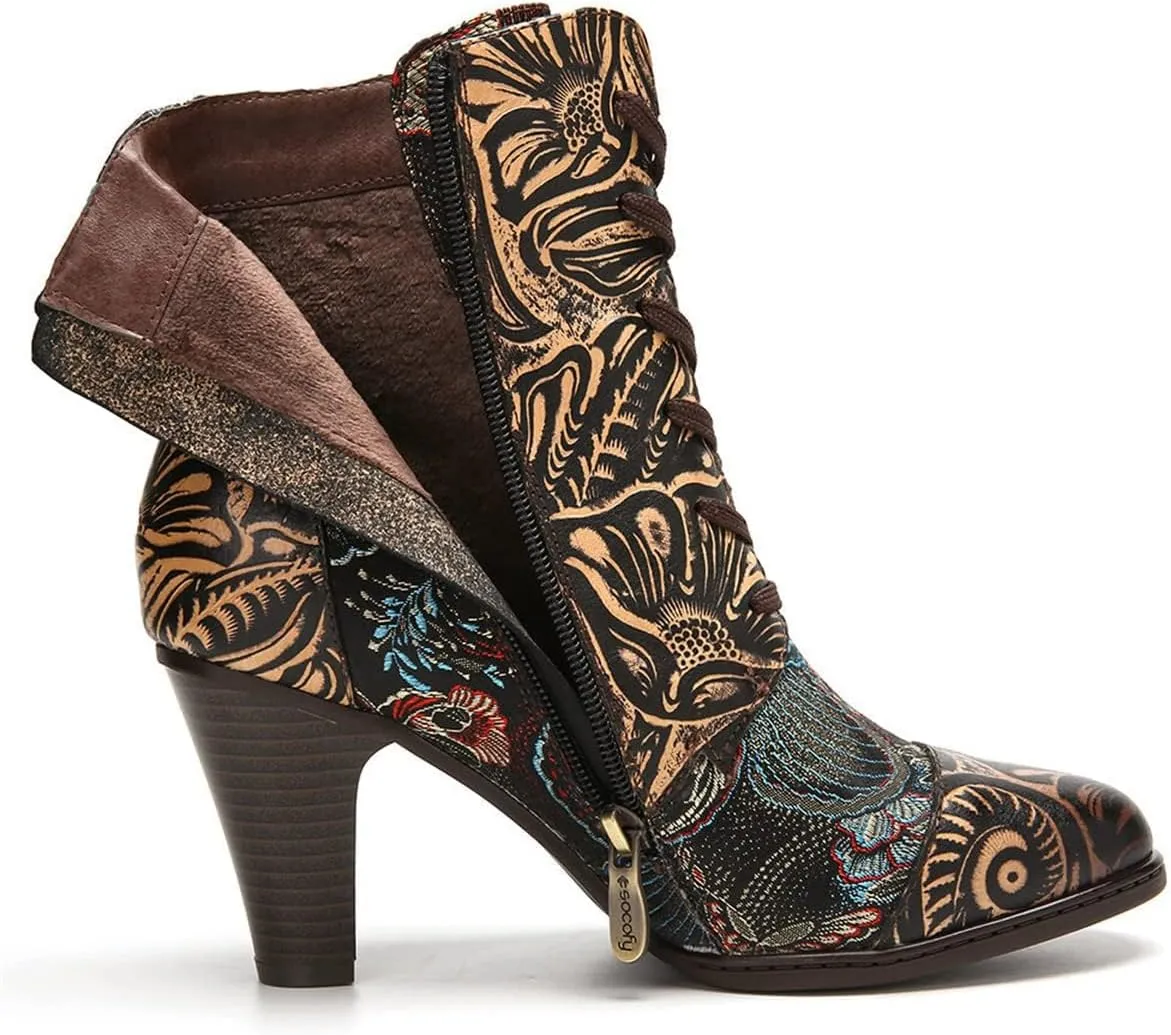 SOCOFY Womens Ankle Boots Leather High Heel Comfort Splicing Floral Pattern Lace Up Boots Leather Winter Fur Lined Boots Outdoor Anti-Slip Side Zipper Walking Boots for Wedding Party Dress