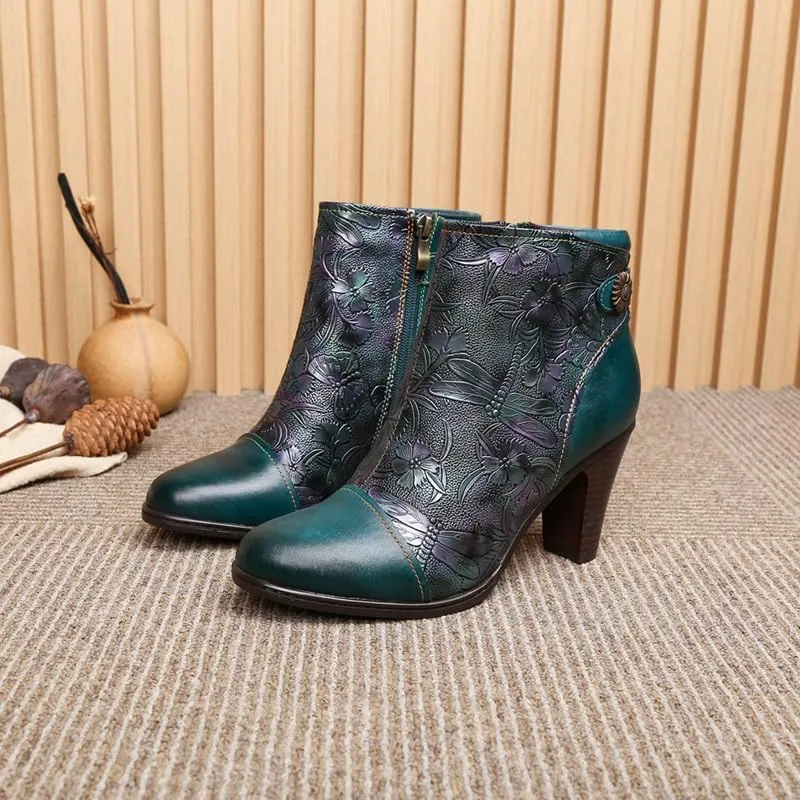 SOCOFY Womens Ankle Boots Leather High Heel Comfort Splicing Floral Pattern Lace Up Boots Leather Winter Fur Lined Boots Outdoor Anti-Slip Side Zipper Walking Boots for Wedding Party Dress