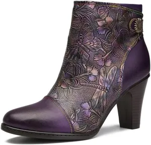 SOCOFY Womens Ankle Boots Leather High Heel Comfort Splicing Floral Pattern Lace Up Boots Leather Winter Fur Lined Boots Outdoor Anti-Slip Side Zipper Walking Boots for Wedding Party Dress