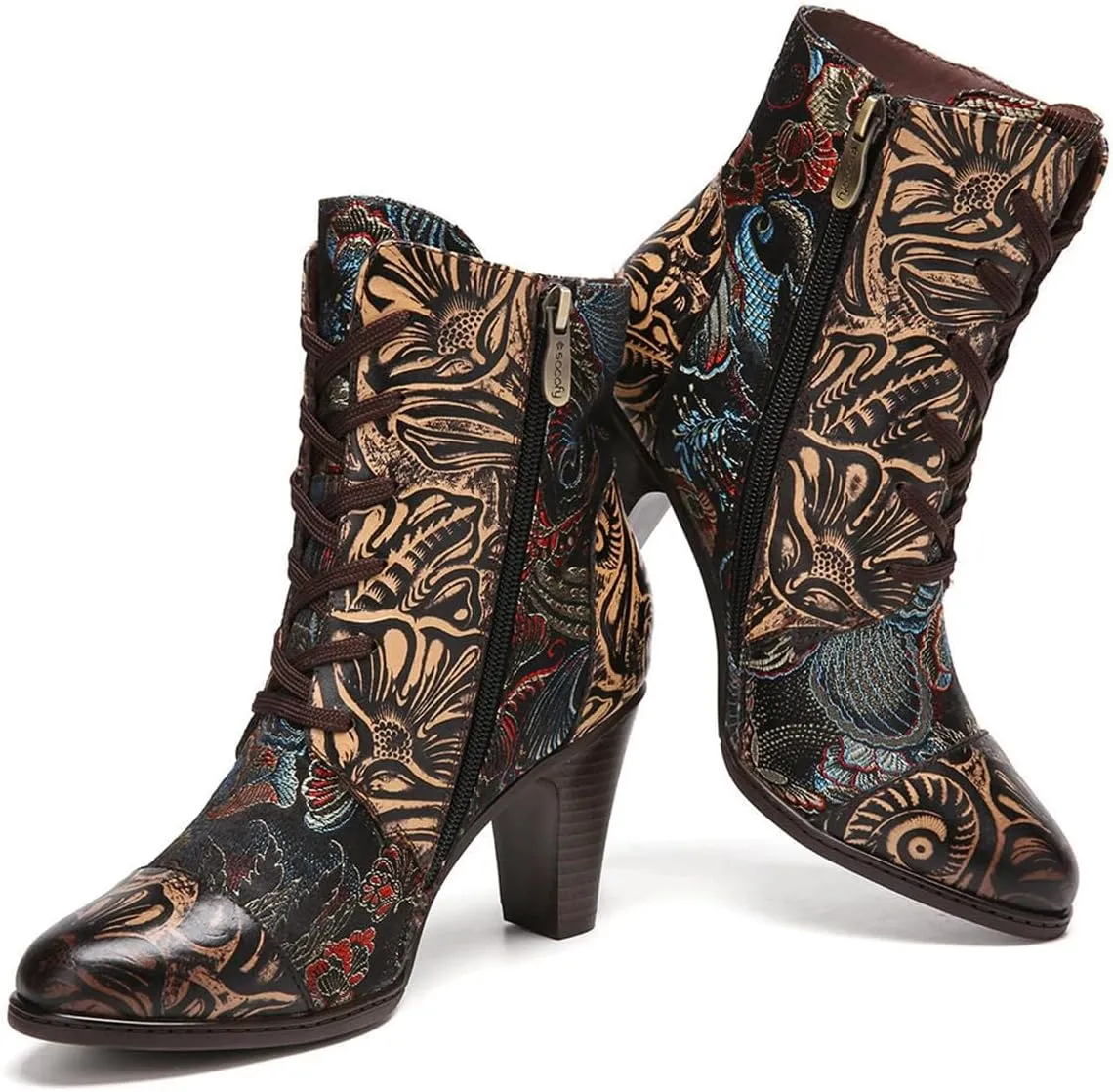 SOCOFY Womens Ankle Boots Leather High Heel Comfort Splicing Floral Pattern Lace Up Boots Leather Winter Fur Lined Boots Outdoor Anti-Slip Side Zipper Walking Boots for Wedding Party Dress
