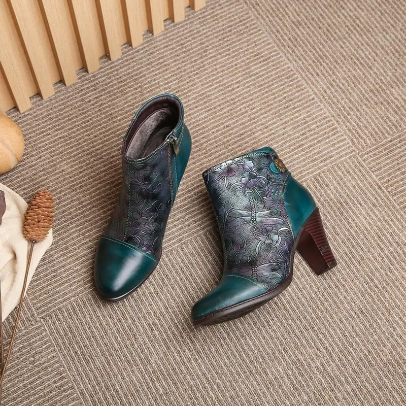 SOCOFY Womens Ankle Boots Leather High Heel Comfort Splicing Floral Pattern Lace Up Boots Leather Winter Fur Lined Boots Outdoor Anti-Slip Side Zipper Walking Boots for Wedding Party Dress