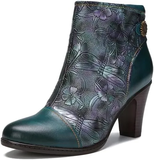 SOCOFY Womens Ankle Boots Leather High Heel Comfort Splicing Floral Pattern Lace Up Boots Leather Winter Fur Lined Boots Outdoor Anti-Slip Side Zipper Walking Boots for Wedding Party Dress