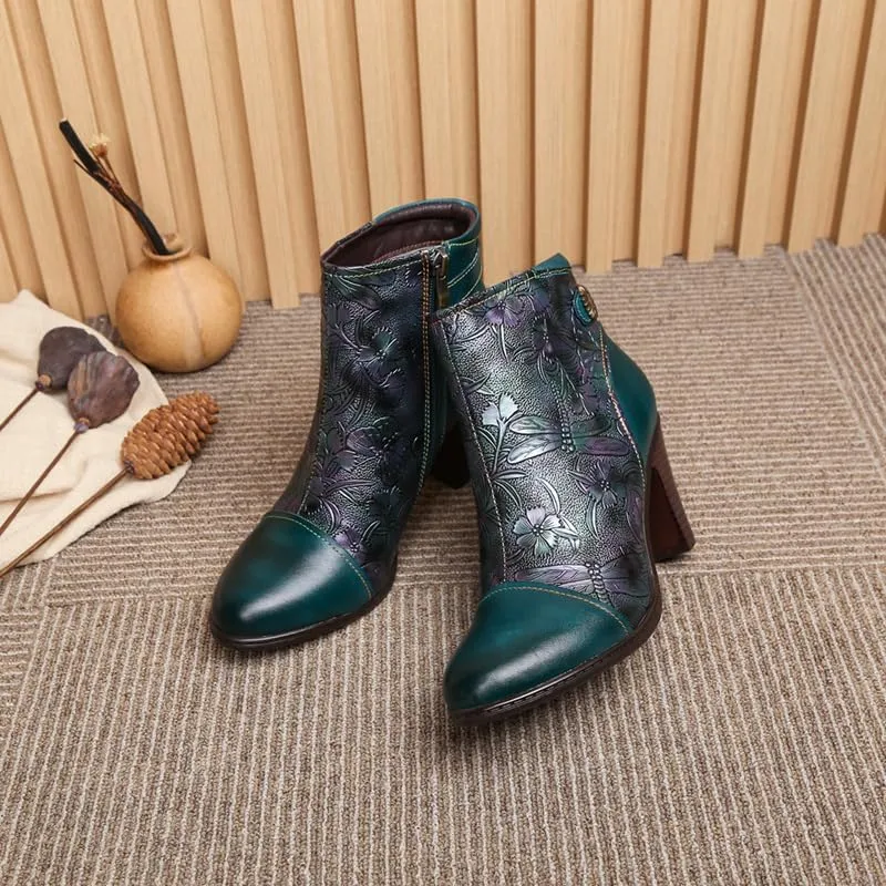 SOCOFY Womens Ankle Boots Leather High Heel Comfort Splicing Floral Pattern Lace Up Boots Leather Winter Fur Lined Boots Outdoor Anti-Slip Side Zipper Walking Boots for Wedding Party Dress