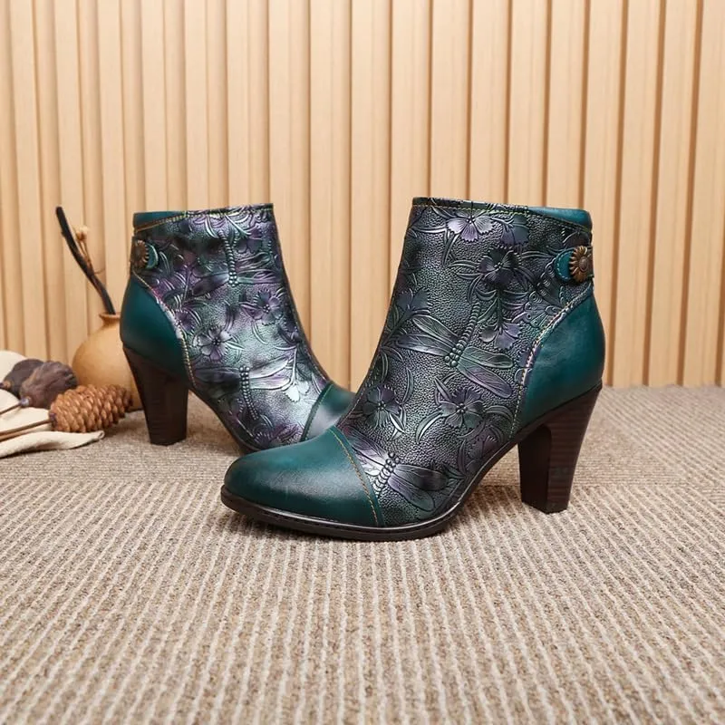 SOCOFY Womens Ankle Boots Leather High Heel Comfort Splicing Floral Pattern Lace Up Boots Leather Winter Fur Lined Boots Outdoor Anti-Slip Side Zipper Walking Boots for Wedding Party Dress